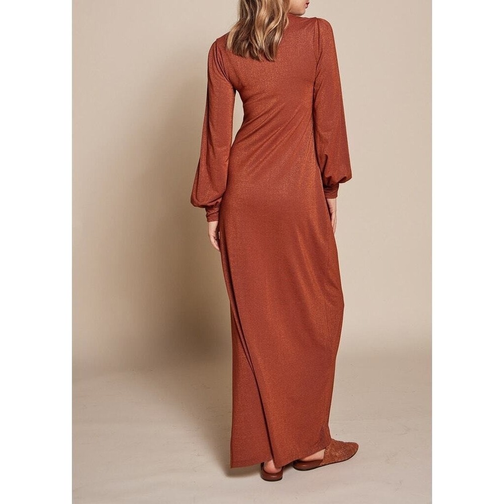 ENZA COSTA Lurex Jersey Split Maxi Dress Small Copper Sparkle Long Sleeve Retro - Picture 2 of 16